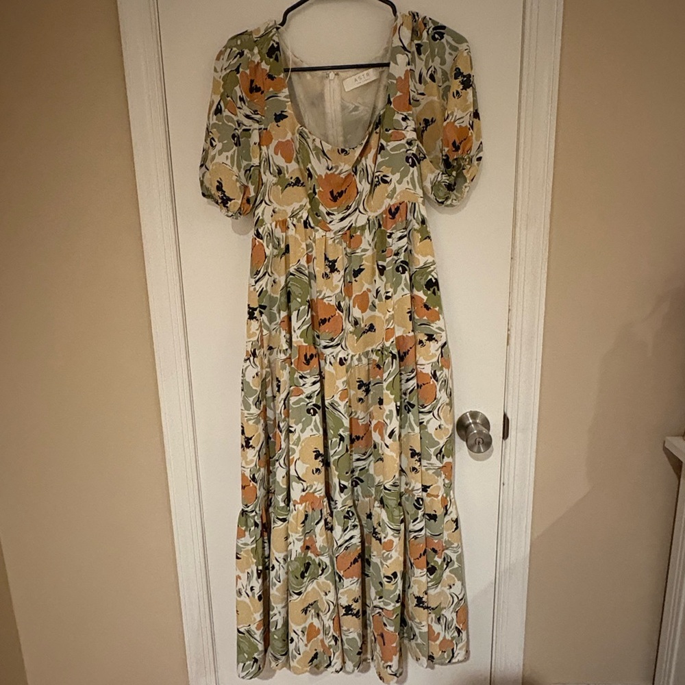 Astr Cream and White Puff Sleeve Wrap Maxi Dress